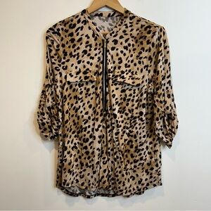 Calvin Klein Leopard Print Top 3/4 Sleeve Gold Zipper & Roll Tab Sleeves Brown